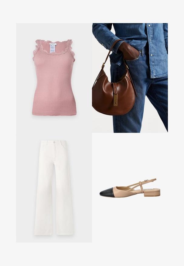 Rožnata tank majica z ribasto strukturo, okrašena z čipkastim robom ob izrezu in rokavih, s prilegajočim oblikovanjem in oznako vidno na hrbtni strani.; Bela, visoko pasovana široka obrtnica iz denima. Ima zaponko, dva sprednja žepa in stranske šive s podrobnostmi šivanja.; Bežna in črna dvobarvna slingback čevlja s koničastim noskom, ravnim peto in križno zasnovo traku. Gladka usnjena tekstura.; Rjava usnjena hobo torba zaobljene oblike, ki vsebuje zlatokovinske dodatke in kontrastno šivanje. V kombinaciji z denim srajco in kavbojkami.