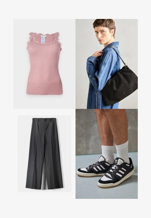 Rácsozott rózsaszín ujjatlan felső, csipkés díszítéssel a nyakvonalon és a karlyukaknál, testhezálló fazonnal és egy címkével a hátsó részen.; Széles szárú nadrág sötétszürke anyagból, gombos záródással, elülső redőkkel és övhurkokkal. Simára kialakított textura, igényes szabással.; Fekete-fehér tornacipők velúr és bőr felsőrésszel, három fehér csíkkal, perforált orral és gumi talppal.; Fekete velúr kézitáska, puha, struktúrált formával, vékony bőr vállpánttal és diszkrét márkalogóval. A modellen farmere dzseki van.