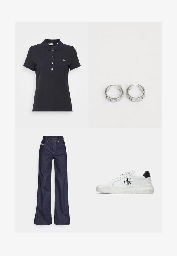 Pola majica tamnoplave boje s kratkim rukavima, s tri gumba i malim logotipom na lijevoj strani grudi. Izrađena od pamuka s glatkom teksturom.; Tamno plave široke traperice s visokim strukom, izrađene od denim tkanine, s narančastim šavovima, pet džepovima i kopčanjem na dugme.; Bijeli niskotoperani tenisice s crnom petom, platformom, vezicama i "CK" logotipom Calvin Kleina sa strane.; Srebrne naušnice na obruče s teksturiranim dizajnom koji sadrži vertikalne rebra. Okrugli oblik s sigurnim zatvaranjem. Glatka završna obrada.