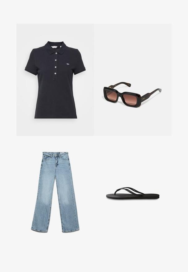 Granatowa koszulka polo z krótkim rękawem, z trzema guzikami przy kołnierzyku oraz małym logo na lewej piersi. Wykonana z bawełny o gładkiej fakturze.; Jasnoniebieskie dżinsy o szerokim kroju, wykonane z denimu, z klasycznym pięciopakowym wzorem oraz prostym krojem, z minimalnym blaknięciem na nogawkach.; Czarne klapki z teksturowaną gumową podeszwą, dwiema smukłymi paskami oraz subtelnym, wytłoczonym logo na pasku.; Prostokątne okulary przeciwsłoneczne z ciemnymi ramkami z żółtodzióbkowego tworzywa, gradientowymi brązowymi soczewkami i złotym logotypem na zausznikach. Gładka faktura, wyrazisty design.; Złoty i srebrny stalowy zegarek ze okrągłą białą tarczą, minimalistycznymi znacznikami i dwukolorową bransoletą metalową. Posiada koronę z boku.