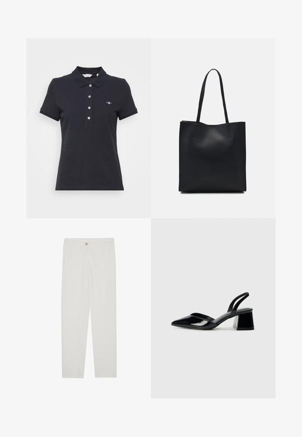 Tamsiai mėlynos spalvos polo marškiniai su trumpomis rankovėmis, trijų mygtukų užsegimu ir nedideliu logotipu kairėje krūtinės pusėje. Pagaminti iš medvilnės su lygia tekstūra.; Baltos, pritaikytos kelnės su tiesaus kirpimo dizainu, su sagčių uždarymu, dirželių kilpomis ir šoninėmis kišenėmis; lygus audinio tekstūros.; Juodos lakuotos odinės šlepetės su smailiu pirštu ir geometriniu bloko kulnu. Turi elegantišką, minimalistinį dizainą ir lygų paviršių.; Juodas odinis tote krepšys su lygia tekstūra, stačiakampio formos ir dviem ilgais rankenomis. Matomų metalinių detalių ar puošybos nėra.