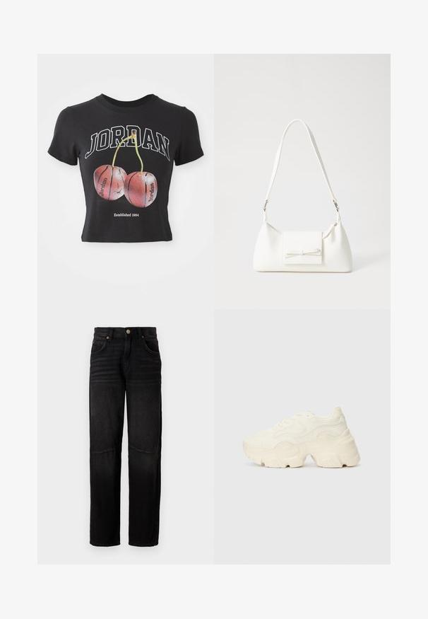 Camiseta de algodón negra de corte crop con "JORDAN" en blanco y un gráfico de dos cerezas rojas que parecen balones de baloncesto. Incluye el acento "Establecido en 1984."; Vaqueros de denim negro con corte recto, estilo de cinco bolsillos, cierre de botón y sutil desgaste en los muslos y las rodillas.; Zapatillas blancas gruesas hechas de malla texturizada y materiales sintéticos, con una suela gruesa y detalles de patrones intrincados a lo largo de los lados.; Bolso sintético blanco con forma triangular, tapa frontal plana y detalle de lazo, correa ajustable, textura suave y diseño minimalista.