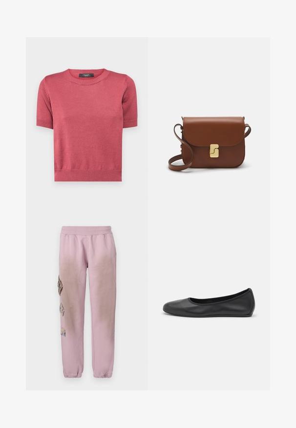 Weekend Max Mara RANGO - Basic T-shirt - rosa scuro; Pink sweatpants with an elastic waistband, featuring decorative patches in diamond shapes on the left side and elastic cuffs at the ankles.; Black leather ballet flat with a rounded toe, smooth texture, minimal stitching detail, and a flexible sole design.; Brown leather handbag with a flap closure, gold-tone hardware, a shoulder strap, and a smooth texture. Compact rectangular shape.
