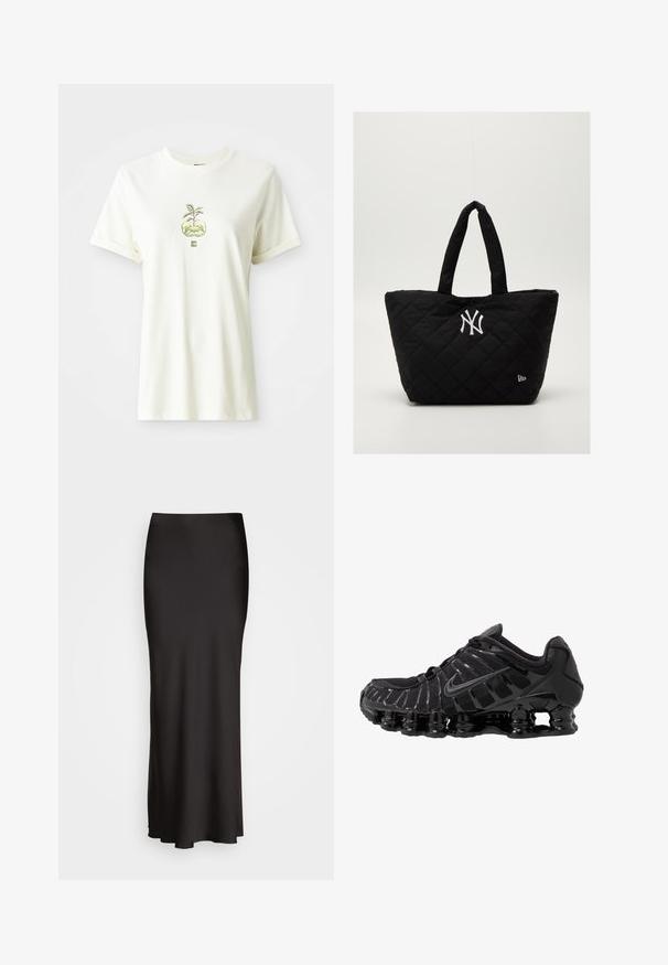 White short-sleeve t-shirt with a green plant growing from two cupped hands graphic centered on the chest.; Black, floor-length satin skirt with a smooth texture, fitted waistband, and A-line silhouette, featuring no visible embellishments or patterns.; Black athletic shoe with mesh upper and glossy overlays. Features curved coil cushioning and textured lines on the side. Nike logo visible.; Quilted black tote bag with double handles, featuring a white New York Yankees logo and a small brand emblem on the side.