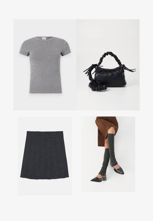 Pilkas trumpas rankovėmis marškinėliai, pagaminti iš švelnaus džinsinio audinio. Suapvalintas iškirpimas ir prigludusi forma, idealiai tinka kasdieniam dėvėjimui.; Tamsiai pilka klostuota sijonas su elastinga juosta, pasižymintis tekstūruotu audiniu ir klasikinė A formos siluetu. Tinka kasdieniam dėvėjimui.; Juodi lakuoti odiniai batai su aštriu kuma ir bloko kulnu, derinami su pilkais riebiais kojų šildytuvais ir rudais zomšiniais sijonais.; Juodas dirbtinės odos rankinė su krokodilo tekstūra, sušnibždinta viršuje ir susikraipytu dirželiu. Atrodo minkšta ir kompaktiška.