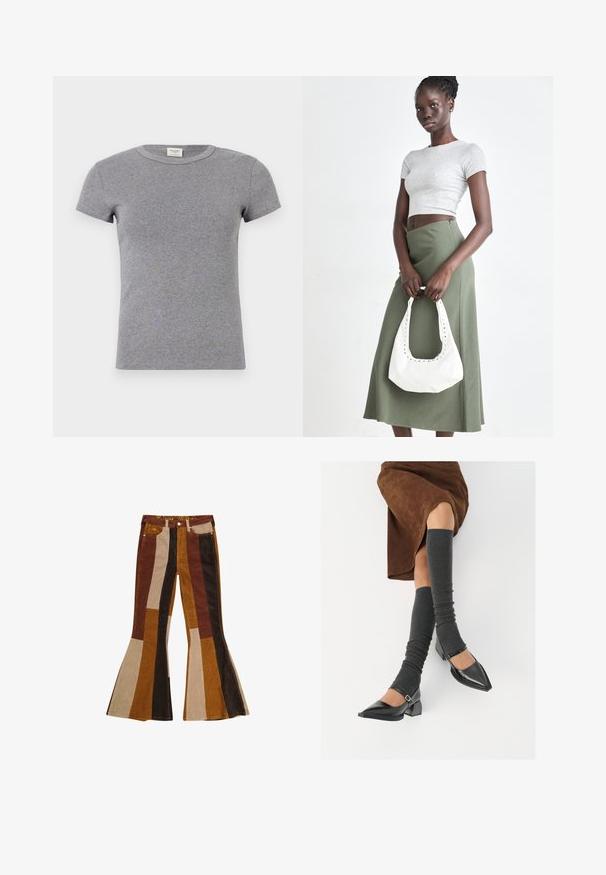 Grå kortermet T-skjorte laget av myk bomull. Har rund halslinning og en tettsittende design, passende for hverdagsbruk.; Fløyelsbukser med bred nederkant og vertikale striper i brunt, beige og sennep. Distinkt design med høy midje og fem lommer.; Sorte lakkpumps med spiss tå, blokkhel, og ankelstropp, kombinert med grå ribbestrikkede beinvarmere og et brunt semsket skinn skjørt.; Grå ribbet topp og olivengrønn høy midje skjørt. Modellen holder en hvit skulderveske med utskjæringsdetaljer. Enkelt design, tettsittende silhuett.