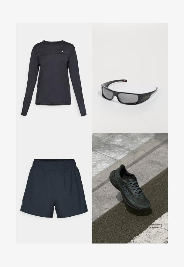 Must have pikad varrukad ja ümar kaelus, must t-särk, millel on väike valge logo rinnal ja peen horisontaalne õmblus esiküljel.; Tume meresinine sportlikud lühikesed püksid, mis on valmistatud kergest kangast. Painduva vöökoht, lahtine istuvus ja ilma nähtavate taskute või mustriteta.; Musthave mustad jooksujalats, millel on võrkpinna ülemine osa, tekstuuriga aktsendid ja logo, millel on pehme sola ja hallid paelad, asetatud asfaldile.; Mustad mustad Oakley päikeseprillid tumedate ristkülikuliste läätsedega ja kaarjate kätega valgel taustal.