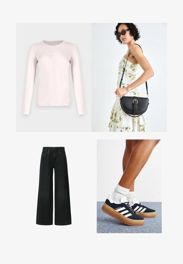 Koszula z długim rękawem w jasnoróżowym kolorze, wykonana z miękkiego materiału. Posiada okrągły dekolt oraz biały napis "Pepe Jeans London" na piersi.; Szerokie czarne dżinsy wykonane z denimu, z klasycznym pięciopocketowym designem i dekoracyjnymi ćwiekami w pobliżu przednich kieszeni.; Czarne zamszowe trampki z białymi paskami i akcentami, zaokrąglonym noskiem, gumową podeszwą w kolorze jasno-brązowym, zestawione z białymi żebrowanymi skarpetkami do kostki.; Czarna skórzana torebka o zakrzywionym kształcie, z odpinanym paskiem i złotymi akcentami. Torebka posiada klapę z zapięciem w kształcie klamry.