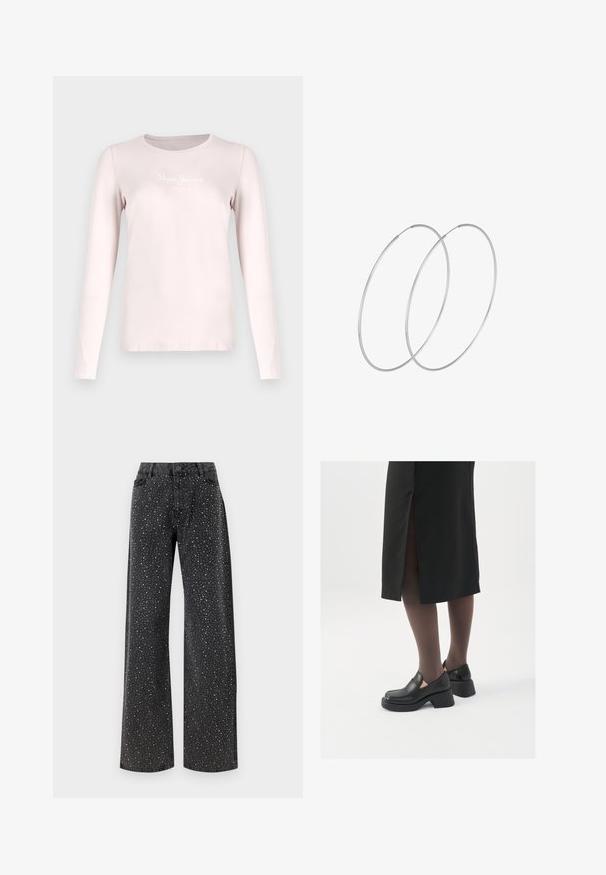 Ilga rankovė palaidinė šviesiai rožinės spalvos, pagaminta iš švelnios medžiagos. Yra apvalus kaklo iškirpimas ir baltas "Pepe Jeans London" logotipas per krūtinę.; Noisy May NMJANNEL LOOSE - Laisvo kirpimo džinsai - black denim; Juodos odinės bateliai su apvaliu nosiu, stora blokine pakulne ir elastingais šonais, derinami su tamsiomis pėdkelnėmis ir juoda sijonu su plyšiu.; Sidabrinės pusmėnulio auskarai minimalistiniu dizainu. Apskritimo forma, lygus paviršius ir plonas profilis. Lengvi su poliruotu apdailu.