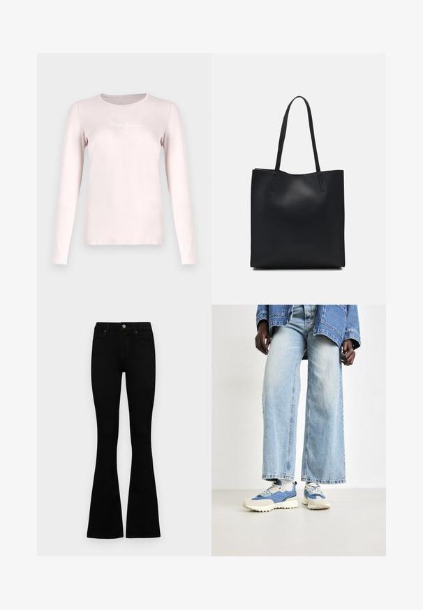 Küljedega särk heleses roosas, pehmest kangast. Omab ümmargust kaelust ja valget "Pepe Jeans London" logo rinna kohal.; Mustad kõrge vöökohtadega teksad, millel on nööp ja lukuga sulgemine, esikäe taskud ja laienevad sääred, asetatud tasasele valgele taustale.; Sinine teksapüksid, millel on laiad sääred, koos siniste ja kreemjate tossudega, millel on tekstureeritud kanga ja paelad, neutraalse tausta taustal.; Mustast nahast kott sujuva tekstuuriga, ristkülikukujuline ja kahe pika sangaga. Pole nähtavat riistvara ega kaunistusi.