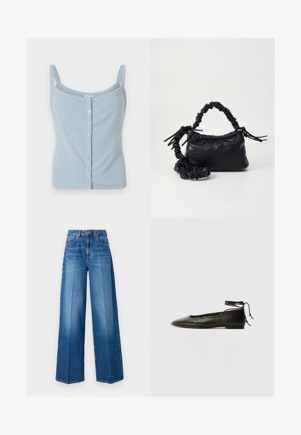 Hellblaues geripptes Tanktop mit Spaghetti-Trägern, das vorne mit Knöpfen geschlossen wird und eine taillierte Passform hat. Weicher Stoff und einfacher Stil.; Weite Jeans in mittlerem Blauton mit klassischem Fünf-Taschen-Design, Gürtelschlaufen und Reißverschluss.; Schwarze Leder-Ballerinas mit spitzem Zehenbereich, Knöchelband und flacher Sohle, die eine glatte Textur und ein minimalistisches Design aufweisen.; Schwarze Handtasche aus Kunstleder mit Krokodilstruktur, gerafftem oberen Teil und einem geschoppten Tragegurt. Sie wirkt weich und kompakt im Design.