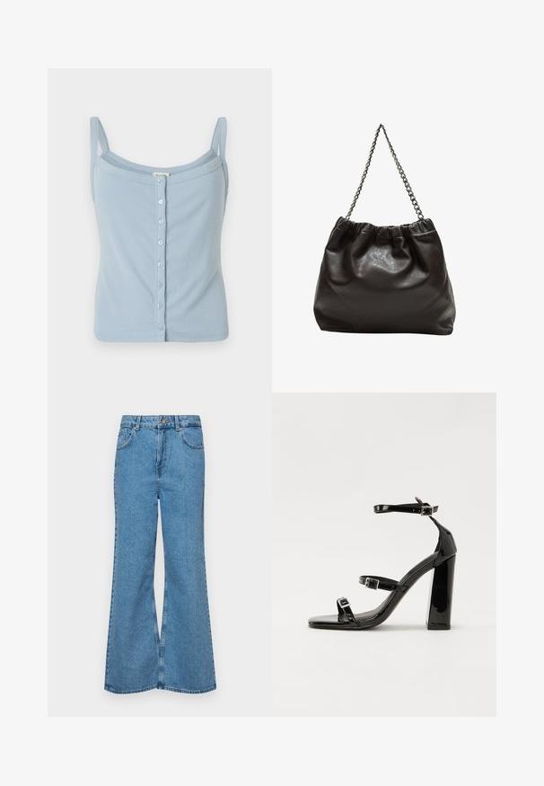 Light blue ribbed tank top with spaghetti straps, featuring a button-down front and a fitted design. Soft texture and simple style.; Light blue flared jeans made of denim, featuring a high waist, five pockets, and a single button closure. Soft texture with faded finish.; Black patent heeled sandals with a square toe, ankle straps, and silver buckles. Features a chunky block heel for stability.; Brown leather bag with a gathered top and a chain strap. Smooth texture with a glossy finish and subtle seam detailing on the sides.