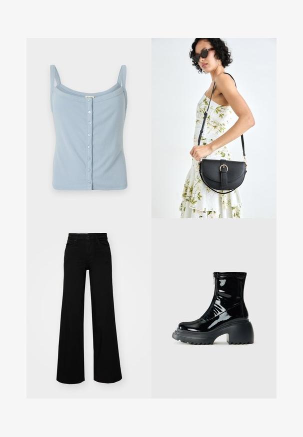 Top de culoare albastru deschis, cu dungi, cu bretele fine, având un închizător cu nasturi pe față și un design ajustat. Textură moale și stil simplu.; Pantaloni negri cu picioare largi, din denim, cu un brau structurat, bucle pentru curea și buzunare frontale. Textură netedă, cu un design clasic.; Botină neagră lucioasă pe platformă, cu vârf rotund, toc masiv, închidere cu fermoar și talpă groasă cu striații, pe un fundal alb.; Geantă din piele neagră, cu o formă curbată, curea detașabilă și accesorii aurii. Geanta are un capac cu un detaliu tip cataramă.