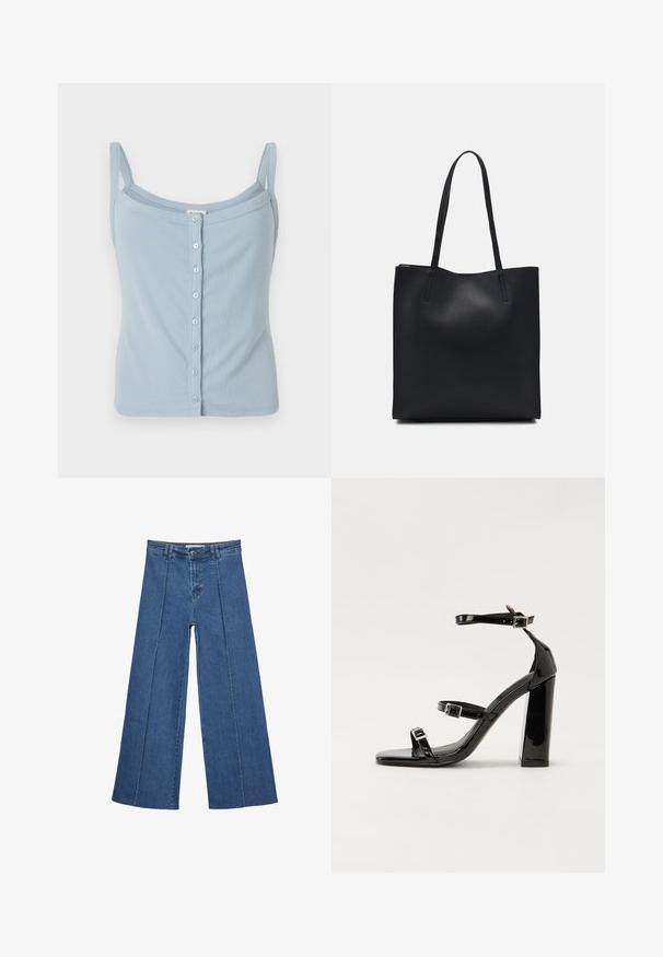 Top in cotone azzurro chiaro a coste con spalline sottili, caratterizzato da una chiusura frontale con bottoni e un design aderente. Texture morbida e stile semplice.; Jeans in denim a gamba larga di blu medio, con vita alta, chiusura con bottone e dettagli delle cuciture verticali a contrasto lungo la parte anteriore.; Sandali con tacco in vernice nera, con punta squadrata, cinturini alla caviglia e fibbie in argento. Presentano un tacco a blocco spesso per maggiore stabilità.; Borsa tote in pelle nera con texture liscia, forma rettangolare e due manici lunghi. Nessun hardware o decorazione visibile.