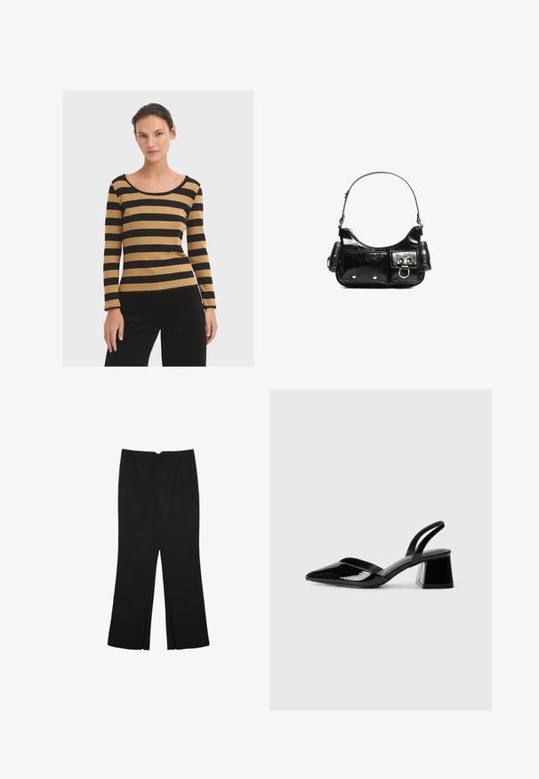 Pruhovaný top s dlouhým rukávem v černé a zlaté žluté barvě, s širokým kulatým výstřihem a přiléhavým střihem. Hladká, texturovaná tkanina.; Černé kalhoty s rovným střihem, s předními kapsami a bočními rozparky na lemu. Vyrobené z jemné, hladké tkaniny. Vhodné na různé příležitosti.; Černé lakované kožené lodičky na pásku s špičatou špičkou a geometrickým blokovým podpatkem. Vyznačují se elegantním, minimalistickým designem a hladkým povrchem.; Černá lakovaná kožená kabelka s křivkovým tvarem, jedním ramenním popruhem, předními kapsami a stříbrnými kovovými detaily.