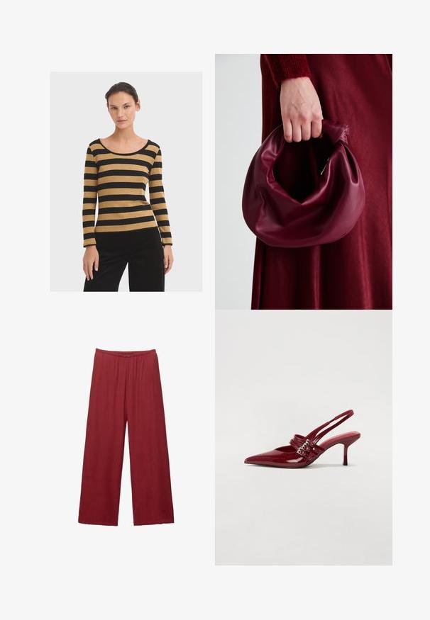 Gestreept langemouwen top in zwart en goudgeel, met een brede ronde halslijn en een aansluitende snit. Glad, gestructureerd materiaal.; Wijdvallende broek gemaakt van een gestructureerde, lichtgewicht stof in een dieprode kleur, met een knoopsluiting en een elastische tailleband voor comfort.; Rode gepatenteerde leren slingbackhakken met een spitse neus, twee gespsluitingen en een slanke, middelhoge stilettohak. Glad textuur.; Bordeaux leren handtas met een zacht, gegathered ontwerp en een ronde vorm. De handgreep is stevig bevestigd en toont een gladde textuur.