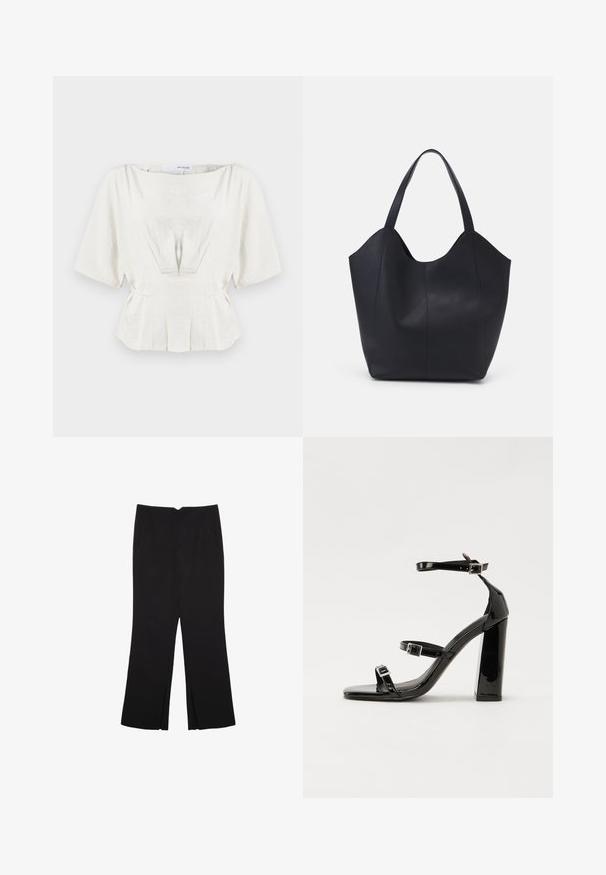 Light ivory blouse with short sleeves, ruched detailing and a peplum waist. Made from textured fabric, features gentle pleats for structure.; Black trousers with a straight fit, featuring front pockets and side slits at the hem. Made of soft, smooth fabric. Suitable for various occasions.; Black patent heeled sandals with a square toe, ankle straps, and silver buckles. Features a chunky block heel for stability.; Black tote bag made of smooth leather, featuring a curved, open top with two shoulder straps and a minimalist design.