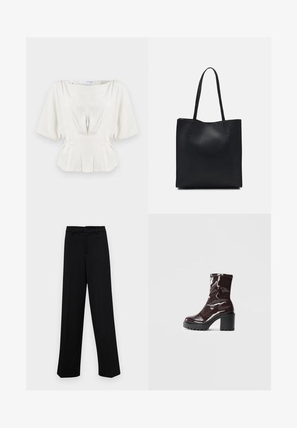 Light ivory blouse with short sleeves, ruched detailing and a peplum waist. Made from textured fabric, features gentle pleats for structure.; Black wide-leg trousers made of smooth fabric, featuring a classic waistband with a button closure and front pleats.; Glossy burgundy ankle boot with a chunky black heel, featuring a smooth texture and simple design. No visible fastenings or patterns.; Black leather tote bag with smooth texture, rectangular shape, and two long handles. No visible hardware or embellishments.