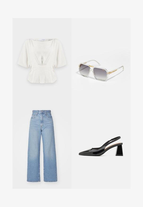 Blouse ivoire clair à manches courtes, avec des détails froncés et une taille peplum. Fabriquée en tissu texturé, elle présente de douces plis pour une structure.; Jean large taille haute bleu clair avec bouton et fermeture éclair à l'avant, poches avant et arrière, sur fond blanc.; Escarpins à talon slingback en vernis noir avec un bout pointu, présentant un talon en bloc géométrique unique et une texture lisse. Bride réglable pour un bon maintien.; Carrera VICTORY UNISEX - Lunettes de soleil - transparent