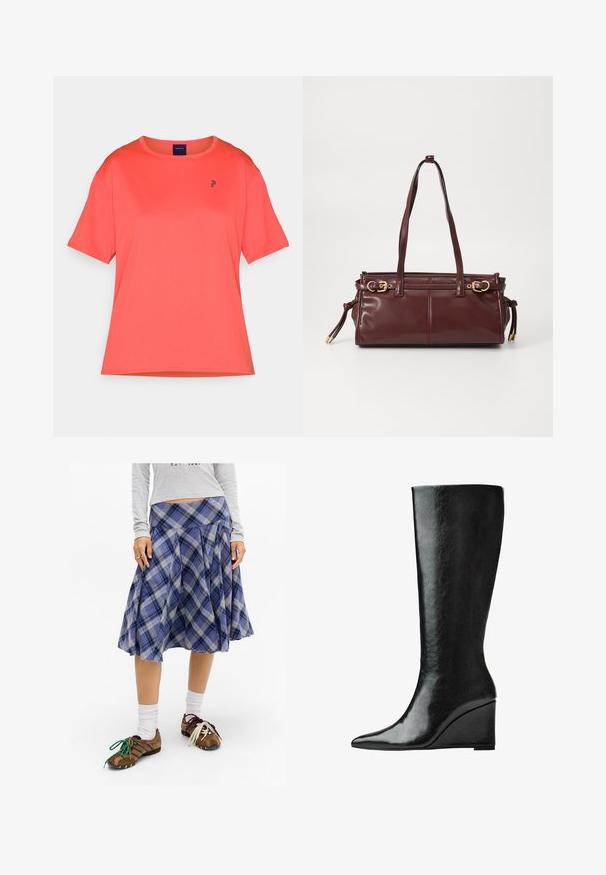 Koralfarvet t-shirt med korte ærmer lavet af glat stof. Rund halsudskæring med et lille sort logo på brystet. Let løs pasform.; Blåternet midi nederdel med plisser, lavet af blødt stof. Sættet inkluderer brune sko med farverige snørebånd og hvide sokker.; Knæhøje sorte læderstøvler med en slank, spids tå og en kilehælk. Overfladen er glat med en blank finish.; Bordeaux læder håndtaske med to skulderremme, hardware i guld tone og lynlås lukning. Har en glat overflade og subtile syninger.