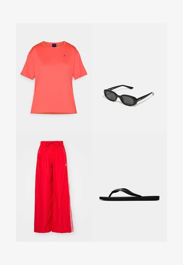 Koraļļu īsām piedurknēm T-krekls, izgatavots no gludas auduma. Apaļa kakla izgriezums, pie krūtīm ir neliels melns logs. Nedaudz brīvs piegriezums.; Sarkani platleņķa bikses, kas izgatavotas no viegla auduma, ar baltām sānu svītrām un elastīgu jostu ar šņorēm.; Melna gumijas flip-flop sandaļa ar teksturētu nolaists jostu un vienkāršu plakanā zole, attēlota no sāniem uz vienkārša gaiša fona.; Melnas saulesbrilles ar ovālām lēcām, spīdīga plastmasas kārba un tievām kājām. Sānos ir redzams Ray-Ban logo baltā krāsā.