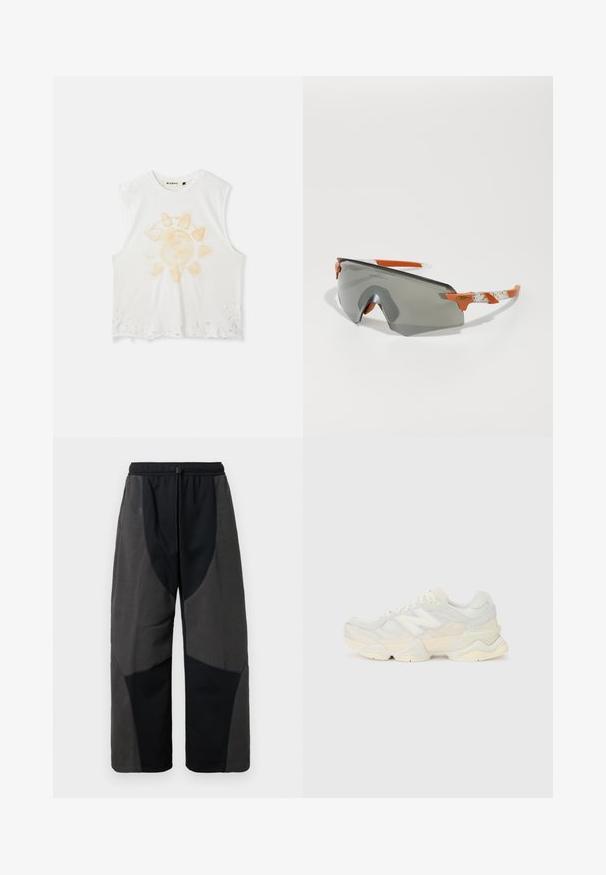 Bílý bezrukávový crop top s obroušeným lemem a sluneční grafikou v světle oranžové barvě a textovými detaily, vyrobený z měkké texturované látky.; Černé kalhoty s volným střihem zvýrazněné fleecovými prvky, které mají kontrastní tmavě šedé látkové panely a nastavitelné pásky na stažení v pase.; Lehká sneakerka s vrchní částí z prodyšné síťoviny a semiše v jemných krémových tónech, s masivní podrážkou a trojrozměrnými akcenty.; Sportovní sluneční brýle se šedými skly, oranžovými doplňky a vzorovanými bílými rameny. Navrženy pro výkon s obepínajícím tvarem.