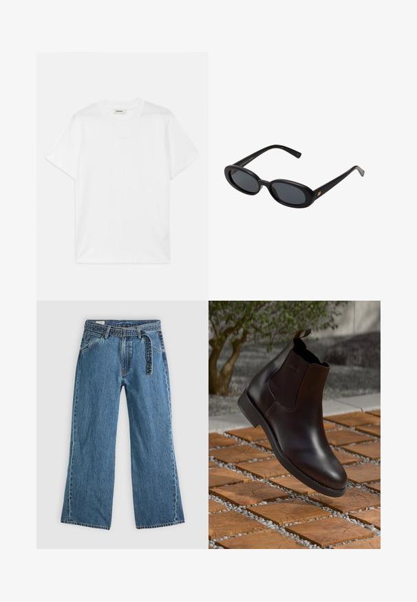 Fehér pamut póló, kerek nyakkal, rövid ujjakkal és diszkrét logóval az elején. Simma textúrájú és egyszerű dizájnú.; Kék farmer széles szárú nadrág, hozzáépített övvel, elülső zsebekkel és látható varrással, sima világos háttéren.; Barna bőr Chelsea csizma, elágazó elasztikus oldalpanelekkel, húzófüllel és sima felülettel, egy texturált tégla- és kavicsfelület előtt.; Fekete, oversize napszemüveg ovális lencsékkel, sima műanyag kerettel és arany részletekkel a fülpánton. Sötét lencséi védelmet nyújtanak a napfény ellen.