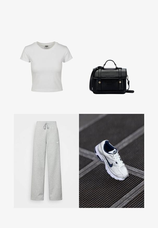 Witte katoenen t-shirt met een klassieke ronde hals, korte mouwen en een getailleerde vorm. Geen patronen of accenten zichtbaar.; Grijze sweatpants met een elastische tailleband, een trekkoord-detail en een klein wit Nike-logo op de linkerdij. Zachte stof, losvallend.; Nike hardloopschoen in wit en marineblauw, met een textuur van mesh bovenwerk, een gevoerde zool en een kenmerkend logo aan de zijkant.; Zwarte leren schoudertas met een gestructureerd ontwerp, handvat bovenaan, verstelbare schouderband, voorklep en metalen accenten. Voorzien van branding aan de voorkant.