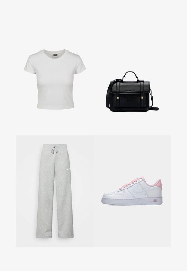 Camiseta de algodón blanca con cuello redondo clásico, mangas cortas y forma ajustada. Sin patrones ni acentos visibles.; Pantalones de chándal grises con cintura elástica, detalle de cordón y un pequeño logo blanco de Nike en el muslo izquierdo. Tejido suave, de corte holgado.; Zapatillas de cuero blanco con acentos rosas en el talón y los cordones. Presenta una suela texturizada y perforaciones para transpirabilidad.; Bolso de hombro de cuero negro con un diseño estructurado, asa superior, correa ajustable, tapa frontal y acentos metálicos. Presenta la marca en la parte delantera.