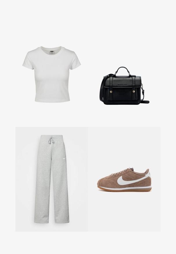 Witte katoenen t-shirt met een klassieke ronde hals, korte mouwen en een getailleerde vorm. Geen patronen of accenten zichtbaar.; Grijze sweatpants met een elastische tailleband, een trekkoord-detail en een klein wit Nike-logo op de linkerdij. Zachte stof, losvallend.; Bruine suède sneakers met witte Swoosh, lichtbruine veters en crèmekleurige tussenzool. Getextureerde oppervlakte en rubberen buitenzool met zigzagpatroon.; Zwarte leren schoudertas met een gestructureerd ontwerp, handvat bovenaan, verstelbare schouderband, voorklep en metalen accenten. Voorzien van branding aan de voorkant.