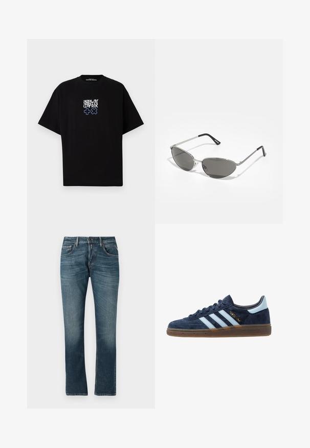 Sorte t-skjorte laget av bomull med løs passform. Har et grafisk trykk i hvitt og blått, som viser teksten "REPLAY MARTIN GATRIX" og symboler.; Blå denimjeans med rett benpassform, falmet vask, fem-lommers design og kontrasterende søm. Knapp- og glidelåslukking.; Mørkeblå semsket Adidas-sneakers med lyseblå striper, gummisåle, lyseblå hælklaff og gull "Spezial"-merke på siden.; Solbriller med en slank, sølvmetallisk ramme, gråtonede linser og et aerodynamisk design med spisse kanter og tynne armer.