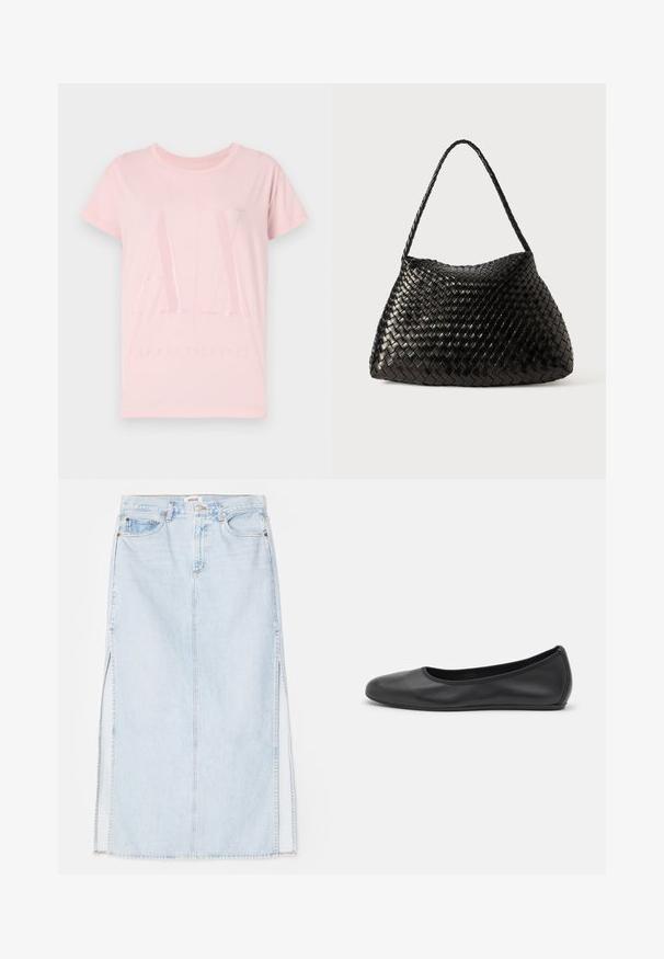 Pink cotton t-shirt with short sleeves, featuring glossy "AX" logo and text "ARMANI EXCHANGE" on the front, rounded neckline.; Light blue denim maxi skirt with a straight cut, featuring side slits and five-pocket design. Prominent stitching and metal button closure.; Black leather ballet flat with a rounded toe, smooth texture, minimal stitching detail, and a flexible sole design.; Black woven leather handbag with a curved, soft shape and a single braided strap, featuring a smooth texture and an intricate pattern.