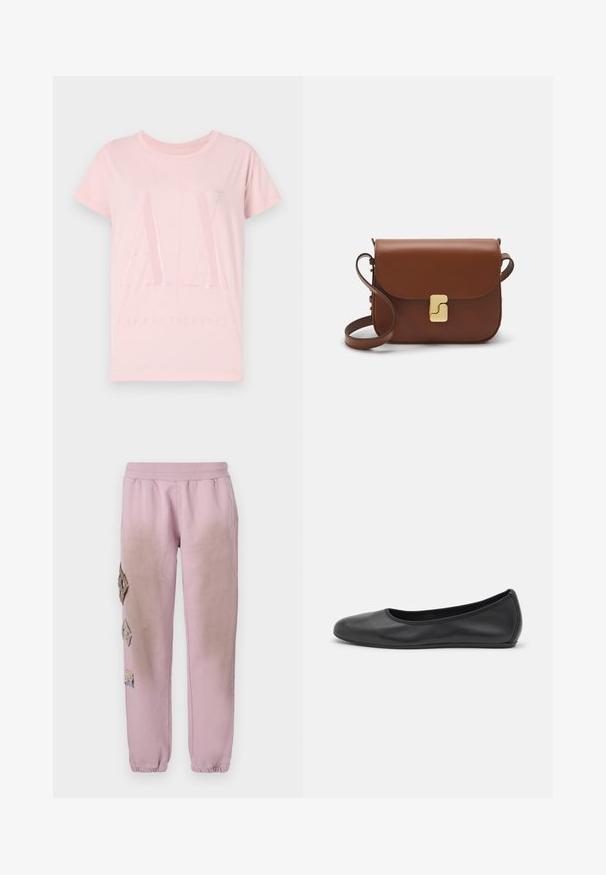Lyserød bomulds T-shirt med korte ærmer, der har et glinsende "AX" logo og teksten "ARMANI EXCHANGE" på forsiden, rund halsudskæring.; Lyserøde sweatpants med elastisk talje, prydet med dekorative patches i diamantform på venstre side og elastiske manchetter ved anklerne.; Sort læderballetsko med rund tå, glat tekstur, minimal syning og et fleksibelt såldesign.; Brun læder håndtaske med flaplukning, hardware i gyldent tone, en skulderrem og en glat overflade. Kompakt rektangulær form.