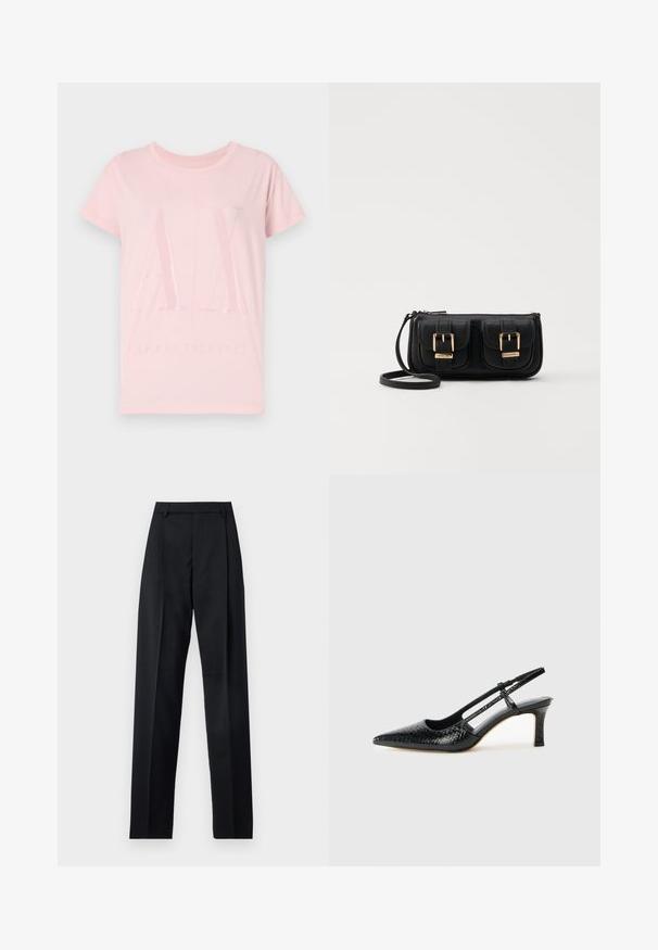 Rosa bomulls t-shirt med korta ärmar, prydd med en glansig "AX"-logotyp och texten "ARMANI EXCHANGE" på framsidan, rundad halsringning.; Svarta byxor i mjukt tyg med hög midja, vida ben, framfickor och klassiska bältesöglor. Inga sidofickor synliga.; Svart lackskin slingback-häl med spetsig tå, med texturerad ormskinnsprint, justerbar rem och en kort, texturerad blockklack.; Svart läderaxelväska med två framfickor, guldspännen, dragkedjestängning och en smal rem. Texturerad yta och kompakt rektangulär form.