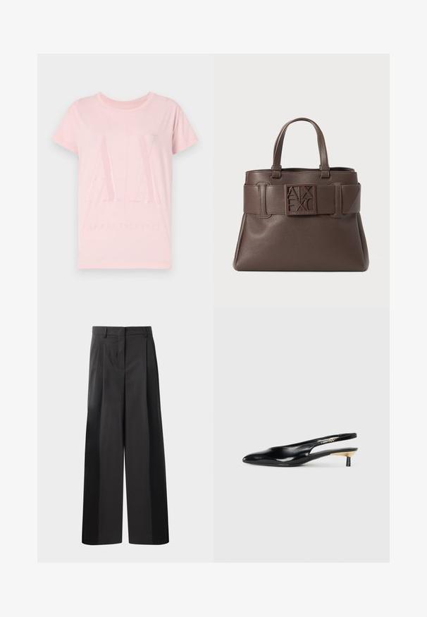Camiseta de algodón rosa con mangas cortas, que presenta el logotipo brillante "AX" y el texto "ARMANI EXCHANGE" en el frente, con escote redondeado.; Pantalones de pierna ancha negros con cintura alta, que presentan pliegues en la parte delantera, una textura suave y un acabado a medida. Diseñados para un ajuste relajado.; Zapato de tacón tipo slingback negro con punta afilada, acabado en cuero brillante y un pequeño tacón con un acento dorado. Diseño elegante con parte trasera abierta.; Bolso de cuero marrón con textura granulada, asas superiores y un logotipo prominente en una correa similar a un cinturón. Presenta acentos angulares y una forma estructurada.