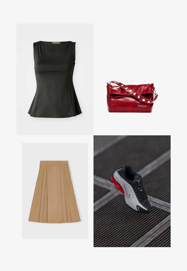 Black sleeveless top made of smooth, stretchy fabric; features a flared hem and scoop neckline for a fitted yet relaxed silhouette.; Knee-length, pleated skirt in light brown cotton, featuring a fitted waistband with belt loops and a straight hemline.; Black and gray athletic shoe with red cushioned sole, black laces, and swoosh logo resting on metal grid surface.; Red synthetic leather shoulder bag with a fold-over flap, silver snap accents on the strap, and a printed "Desigual" logo.