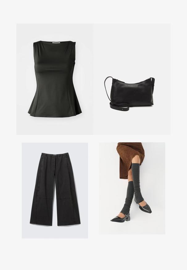 Black sleeveless top made of smooth, stretchy fabric; features a flared hem and scoop neckline for a fitted yet relaxed silhouette.; Black wide-leg trousers made of cotton. Features an elastic waistband and side seams with stitching details. Flat front with no pockets.; Black patent leather pointed-toe shoes with a block heel and ankle strap, paired with gray ribbed leg warmers and a brown suede skirt.; Black leather shoulder bag with a smooth texture, curved shape, adjustable strap, and a zip closure. Minimalist design without embellishments.