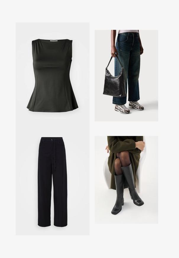Schwarzes ärmelloses Oberteil aus glattem, dehnbarem Stoff; es verfügt über einen ausgestellten Saum und einen Rundhalsausschnitt, der eine figurbetonte, aber entspannte Silhouette bietet.; Schwarze weit geschnittene Hose mit Kordelzugbund, Knopfverschluss und zwei seitlichen Taschen. Hergestellt aus leichtem Stoff mit glatter Textur.; Knöchelhöhe schwarze Lederstiefel mit quadrater Spitze und Blockabsatz, gezeigt mit einem Modell, das einen olivgrünen Mantel trägt. Glatte Textur, minimale Details.; Schwarze Leder-Schultertasche mit glatter Textur und verstellbarem Riemen, kombiniert mit ausgewaschenen weit geschnittenen Jeans und sportlichen Sneakern.