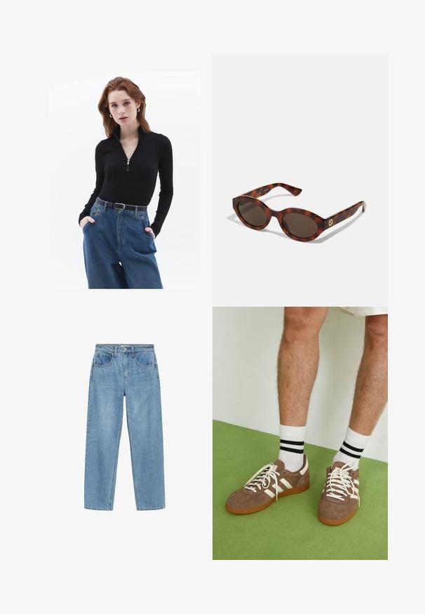 Svart zip-up långärmad tröja i kombination med högmidjade, ljusblå jeans. Outfitten har ett svart bälte med en silverspänne.; Ljusblå denimjeans med rak passform, hög midja, två framfickor och klassisk knappstängning. Subtil blekning och inga utsmyckningar.; Bruna mockaskor med vita detaljer och snören. Gummisula i beige. Bärs med vita strumpor med svarta ränder. Grön strukturerad golvyta.; Skalbagge solglasögon med runda bågar, mörka linser och guldlogo på skalmarna. Slät plastmaterial, inga synliga mönster.