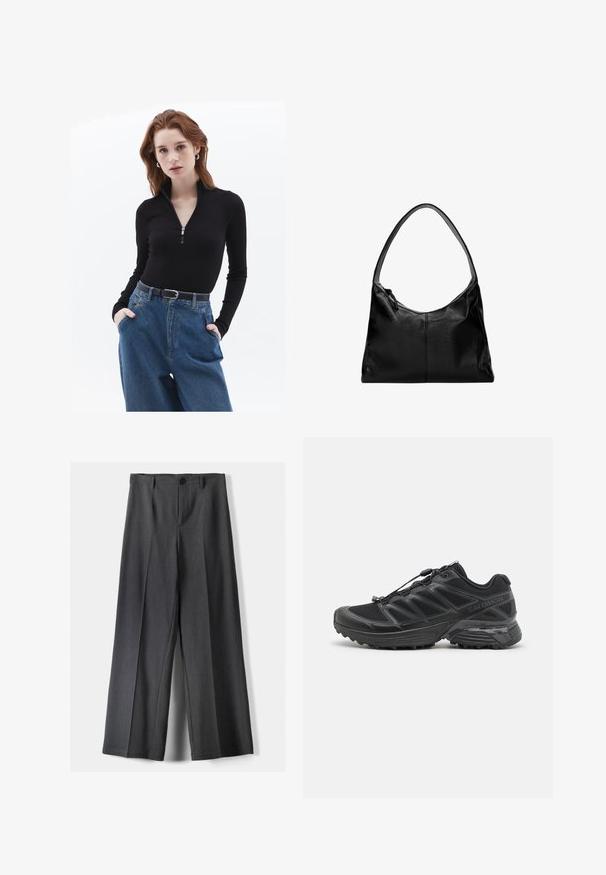 Svart zip-up långärmad tröja i kombination med högmidjade, ljusblå jeans. Outfitten har ett svart bälte med en silverspänne.; Breda byxor i mörkgrått tyg, med knäppning, framvikt och bältesöglor. Slät textur med skräddarsydd design.; Svart löparskor med ovandel i mesh och syntetmaterial, flexibel yttersula och elastiska snören. Har en dämpad mellansula för komfort.; Svart läderaxelväska med en slät yta, en böjd topp och ett enskilt bärhandtag. Har dragkedjestängning och minimalistisk design.