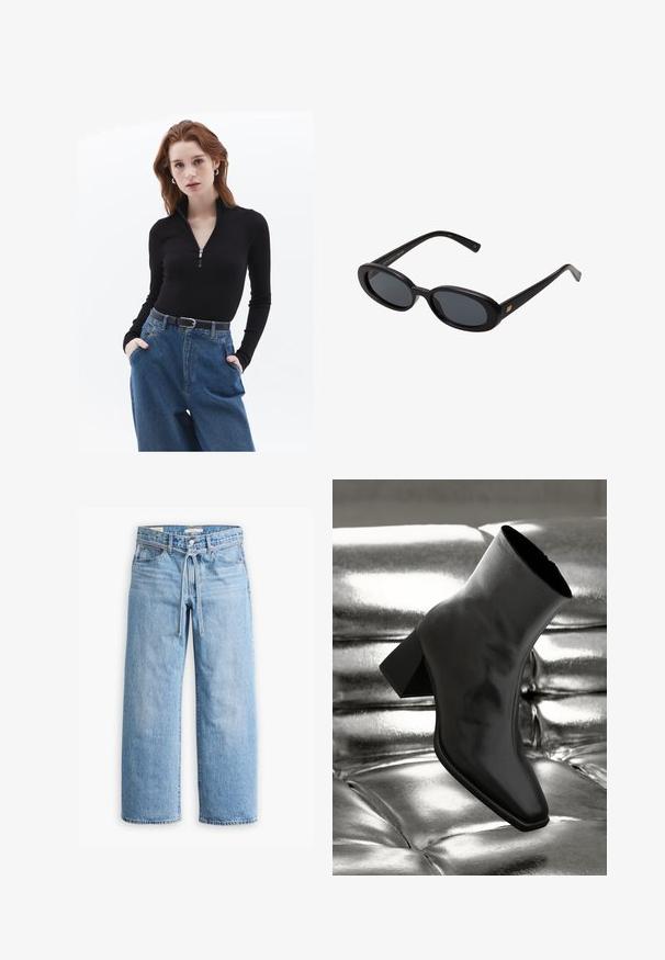Schwarzes Zip-Up-Oberteil mit langen Ärmeln, kombiniert mit hochgeschnittenen, hellblauen Denim-Jeans. Das Outfit hat einen schwarzen Gürtel mit einer silbernen Schnalle.; Hellblaue Jeans im weiten Schnitt mit hoher Taille, Knopf- und Reißverschluss sowie einer Kordelzugdetails an der Taille. Roh geschnittener Saum.; Schwarzer Knöchelstiefel aus glänzendem Material mit quadratischer Zehenform und verjüngtem Absatz, vor einem glänzenden silbernen gepolsterten Hintergrund.; Schwarze, oversized Sonnenbrillen mit ovalen Gläsern, glattem Kunststoffrahmen und goldenen Akzenten an den Bügeln. Die dunklen Gläser bieten Sonnenschutz.; Braune Wildleder-Schultertasche im Hobo-Design. Sie verfügt über eine weit geöffnete Öffnung, eine weiche Textur und einen nahtlosen, abgerundeten Griff für ein bequemes Tragen.