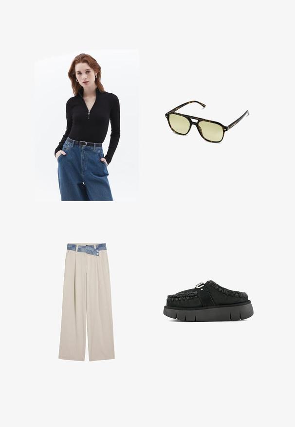 Mustat vetoketjulliset pitkähihaset paidat, jotka ovat yhdessä korkeavyötäröisten vaaleansinisten farkkujen kanssa. Asusteena musta vyö, jossa on hopeinen solki.; Vaaleanbeige leveät housut, joissa on denim-vyötärö ja kaksi nappia sekä pleatattu etuosa. Liukas pinta ja rento istuvuus.; Musta mokkanahka slip-on -kenkä, jossa on turkisreunus, punottu ommel ja paksu musta pohja. Yläosassa on merkkistrappi.; Aurinkolasit kilpikonnakuosisella kehysrakenteella, joissa on suorakulmainen muoto, vihertävät linssit ja kuvioitu asetaattikehys. Kehyksissä on metalliset yksityiskohdat linssien lähellä.