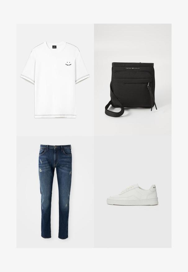 Bílá tričko s krátkým rukávem, s černými prošívanými detaily a malým potiskem na hrudi.; Tmavě modré džíny s úzkým střihem, mírným poškozením na stehnech a kolenou, klasický pětikapsový design a zapínání na knoflík.; Bílé kožené tenisky s hladkým povrchem, kulatou špičkou, plochými tkaničkami a texturovanou podrážkou. Na patě se nachází nenápadné logo.; Černá crossbody taška Emporio Armani s přední zipovou kapsou, nastavitelným popruhem a logem na texturované tkanině.