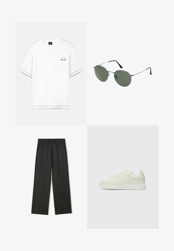 Fehér rövid ujjú póló, fekete varrott részletekkel és kis nyomtatott mintával a mellrészen.; Fekete, széles lábú, gumis derekú nadrág, zsinórral, oldalzsebekkel és sima, könnyű anyagú kivitelben.; Fehér bőr sportcipő texturált felsőrésszel, lekerekített orral, lapos fehér talppal és tónusban illeszkedő fűzőkkel. Diszkrét márkázás a nyelvén.; Fémkeretes napszemüveg ovális zöld lencsékkel. Vékony ezüst színű fémkeret és fekete fülrész. Minimalista dizájn, látható logók nélkül.