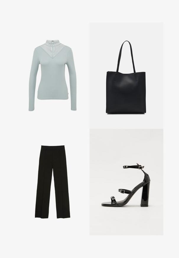 Jasnoniebieska bluzka z długim rękawem, z koronkowym, wysokim dekoltem o trójkątnym wzorze i prążkowanej teksturze. Posiada zapięcie w kształcie klucza z tyłu.; Czarne spodnie szerokie na nogawkach wykonane z gładkiego materiału, z dopasowanym paskiem w talii i subtelnymi fałdami z przodu, które dodają tekstury.; Czarne lakierowane sandały na obcasie z kwadratowym noskiem, z paskami wokół kostki i srebrnymi klamrami. Posiadają masywny słupek dla stabilności.; Czarna skórzana torba tote o gładkiej fakturze, prostokątnym kształcie i dwóch długich uchwytach. Brak widocznych elementów metalowych i ozdób.