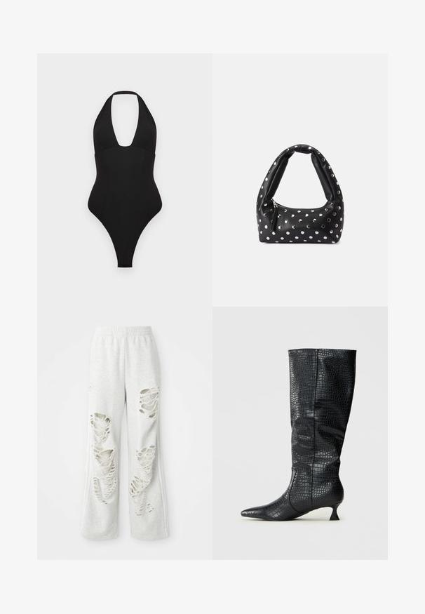 Czarny jednoczęściowy strój kąpielowy z dekoltem halter. Posiada głęboki dekolt w kształcie litery V, gładką fakturę i wysokie wycięcia przy nogawkach.; Jasnoszare dresy o luźnym kroju, z wieloma postrzępionymi łatami, miękką teksturą i elastycznym paskiem w talii.; Kozaki czarne z sztucznej skóry sięgające do kolan, z błyszczącą teksturą krokodyla, spiczastym noskiem i smukłym, kanciastym obcasem. Klasyczny design i elegancka sylwetka.; Czarna skórzana torebka z zakrzywionym uchwytem, zdobiona srebrnymi kropeczkami i zapinaną na zamek z boku.