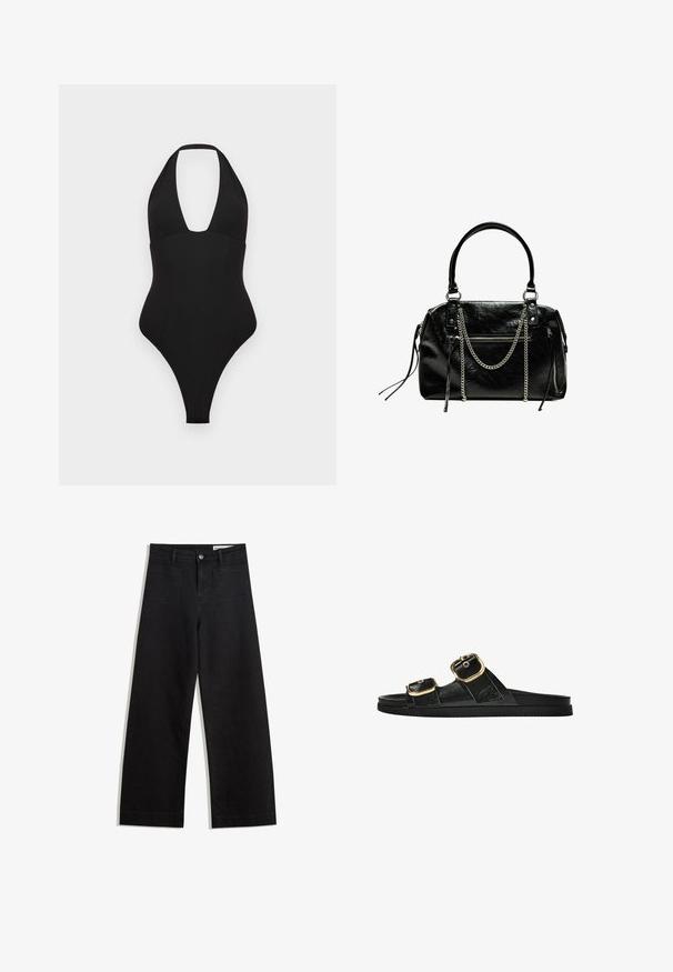 Musta yksiosainen uimapuku, jossa on halterneck-malli. Siinä on syvä V-pääntie, sileä pinta ja korkealle leikattu lahkeiden aukko.; Mustat leveät farkut korkealla vyötäröllä, joissa on etu- ja takataskut, ommellut saumat ja nappisuljenta. Silkinoinen rakenne.; Musta liukusandaali, jossa on kaksi kultaisesta solkesta tehtyä korostusta, sileäpintainen materiaali, litteä pohja ja minimalistinen muotoilu.; Bershka WITH CHAIN - Käsilaukku - black