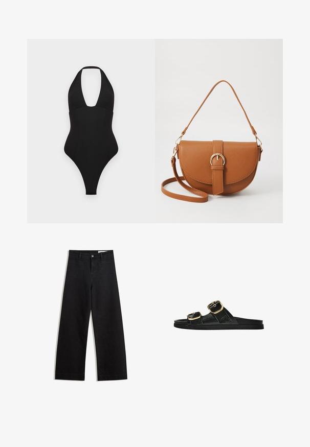 Costume intero nero con design a collo halter. Presenta una scollatura profonda a V, una texture liscia e aperture per le gambe ad alta linea.; Pantaloni in denim neri a gamba larga con vita alta, dotati di tasche anteriori e posteriori, cuciture a punto, e chiusura con bottone. Texture liscia.; Infradito neri con due accenti di fibbia dorata, materiale dalla texture liscia, suola piatta e design minimalista.; Borsa a tracolla in pelle marrone con forma curvata, hardware dorato e un dettaglio con fibbia. Presenta una tracolla rimovibile.