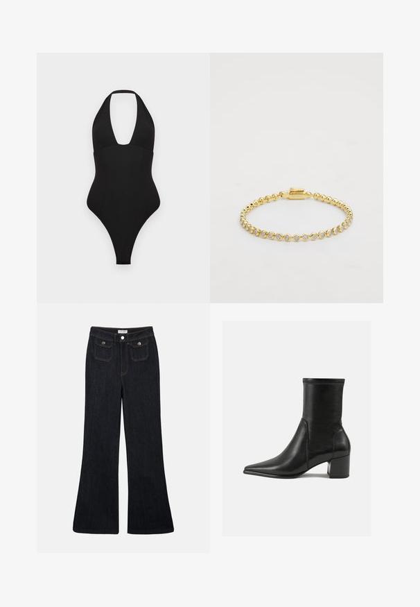 Black one-piece swimsuit with a halter neck design. It features a deep V-neck, smooth texture, and high-cut leg openings.; Flared dark denim jeans with a high waist, two front pockets, and orange stitching. The material appears sturdy and smooth.; Black ankle boot made of smooth leather, featuring a pointed toe, a block heel, and distinct raised stitching at the top edge.; Gold metal bracelet featuring round clear rhinestones in a uniform pattern, with a clasp closure on one side. Smooth texture and shiny finish.