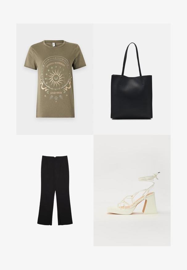 Maslinasto zeleni pamučni majica s kratkim rukavima, okruglim izrezom, s kružnom grafikom na temu mjeseca u metalik zlatnoj i bijelim akcentima.; Crne hlače ravnog kroja, s prednjim džepovima i bočnim prorezima na rubu. Izrađene od mekog i glatkog materijala. Pogodne za razne prigode.; Bijela sandala na visokoj potpetici s debelim petom, s remenom i vezanjem oko gležnja. Glatka tekstura s platformom sprijeda za dodatnu visinu.; Crna kožna torba za nošenje s glatkom teksturom, pravokutnim oblikom i dvije duge ručke. Nema vidljivih metalnih dijelova ili ukrasa.